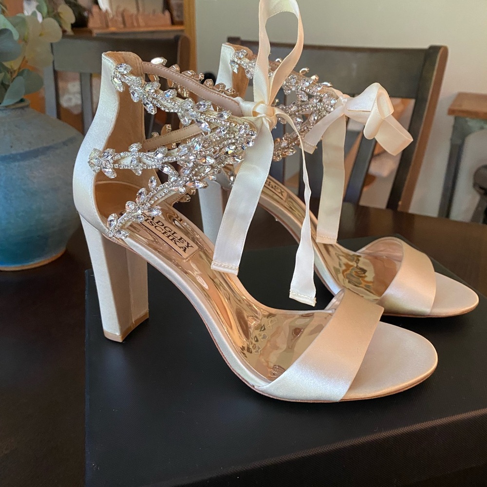 Badgley Mischka Ever After Ivory Satin Heels with Crystal Accents